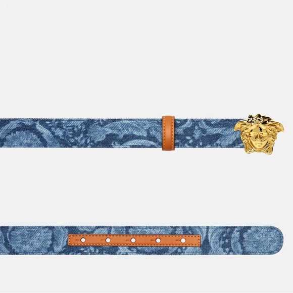 NEW VERSACE LA MEDUSA GOLD BUCKLE BAROCCO DENIM Leather Jean Belt 75/30 Medium main image 11
